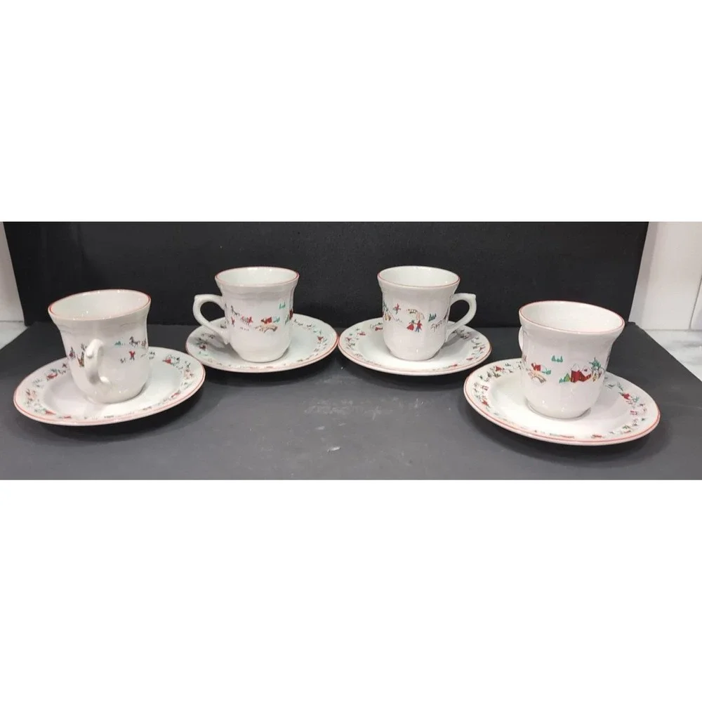 Farberware Babanovsky White Christmas Tea Cup & Saucers, 8 Piece‎ Vintage Set